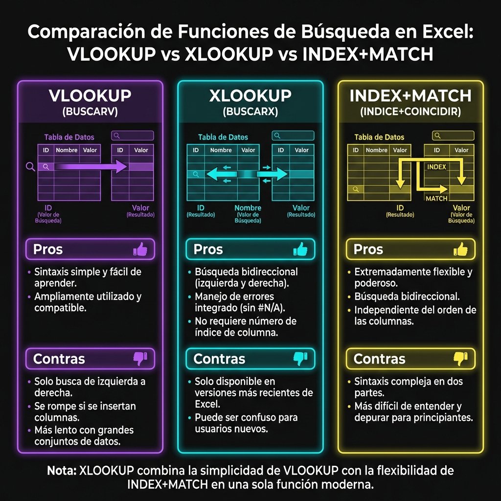 Comparación VLOOKUP vs XLOOKUP vs INDEX+MATCH