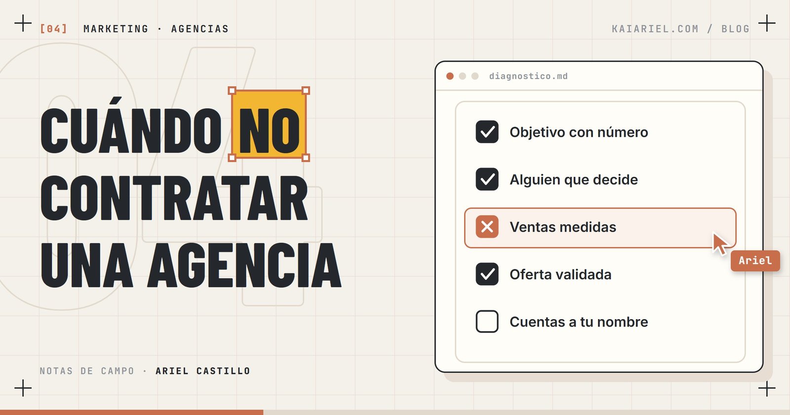 Portada: lista de verificación con cinco condiciones, una marcada en rojo, y el titular «Cuándo no contratar una agencia»