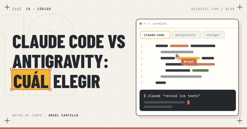 Portada: terminal con pestañas de Claude Code, Antigravity y ChatGPT, y el titular «Claude Code vs Antigravity: cuál elegir»
