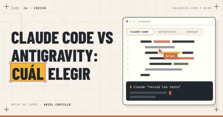 Portada: terminal con pestañas de Claude Code, Antigravity y ChatGPT, y el titular «Claude Code vs Antigravity: cuál elegir»